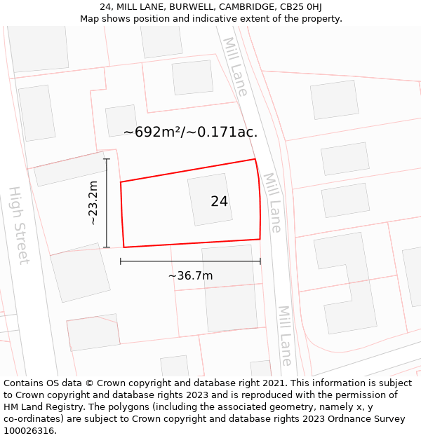 24, MILL LANE, BURWELL, CAMBRIDGE, CB25 0HJ: Plot and title map