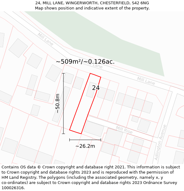 24, MILL LANE, WINGERWORTH, CHESTERFIELD, S42 6NG: Plot and title map