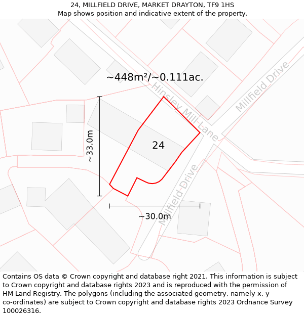 24, MILLFIELD DRIVE, MARKET DRAYTON, TF9 1HS: Plot and title map