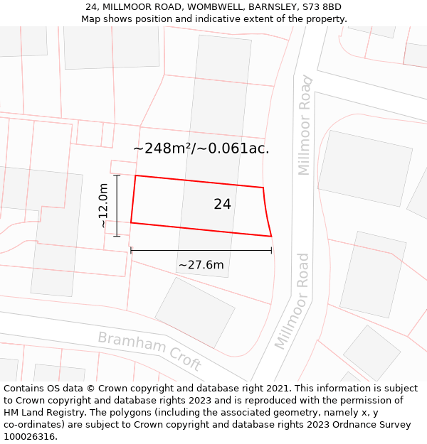 24, MILLMOOR ROAD, WOMBWELL, BARNSLEY, S73 8BD: Plot and title map