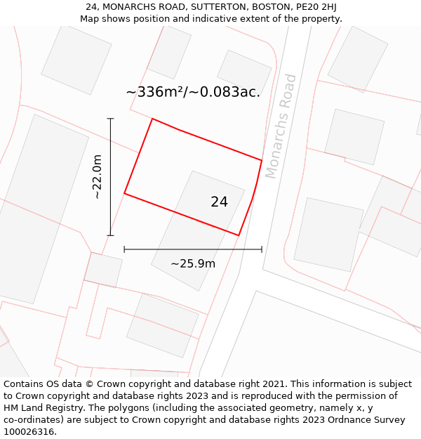 24, MONARCHS ROAD, SUTTERTON, BOSTON, PE20 2HJ: Plot and title map