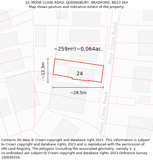 24, MOOR CLOSE ROAD, QUEENSBURY, BRADFORD, BD13 2EA: Plot and title map