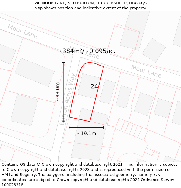 24, MOOR LANE, KIRKBURTON, HUDDERSFIELD, HD8 0QS: Plot and title map