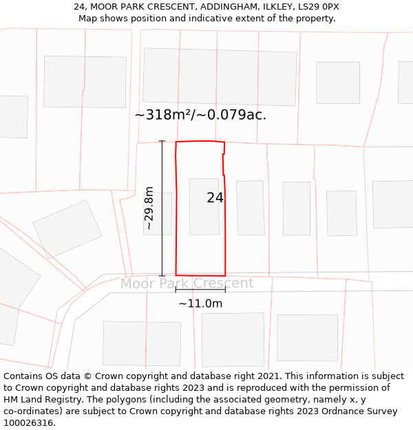 24, MOOR PARK CRESCENT, ADDINGHAM, ILKLEY, LS29 0PX: Plot and title map