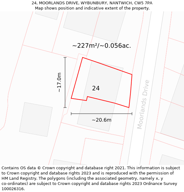 24, MOORLANDS DRIVE, WYBUNBURY, NANTWICH, CW5 7PA: Plot and title map