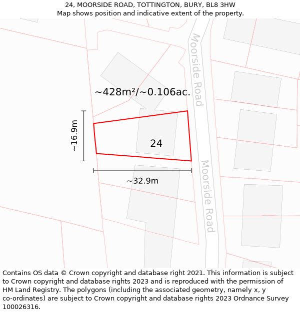 24, MOORSIDE ROAD, TOTTINGTON, BURY, BL8 3HW: Plot and title map