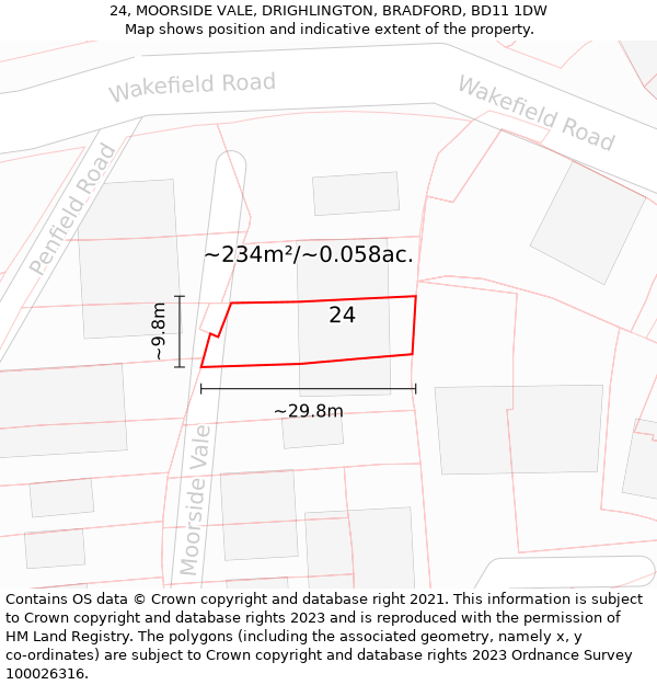 24, MOORSIDE VALE, DRIGHLINGTON, BRADFORD, BD11 1DW: Plot and title map