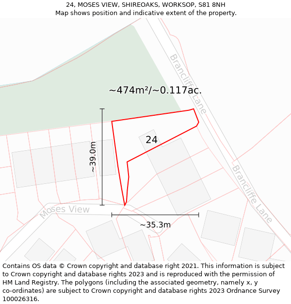 24, MOSES VIEW, SHIREOAKS, WORKSOP, S81 8NH: Plot and title map