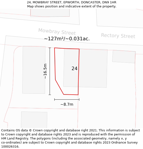 24, MOWBRAY STREET, EPWORTH, DONCASTER, DN9 1HR: Plot and title map