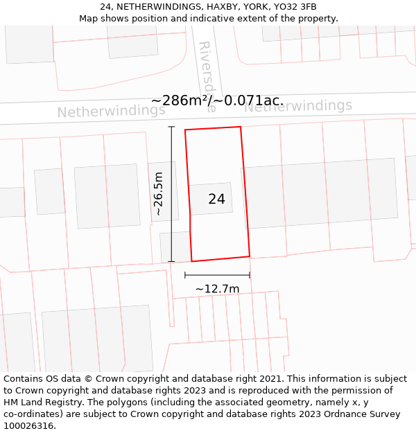 24, NETHERWINDINGS, HAXBY, YORK, YO32 3FB: Plot and title map