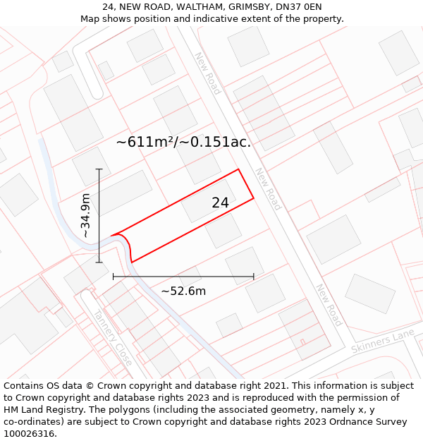 24, NEW ROAD, WALTHAM, GRIMSBY, DN37 0EN: Plot and title map