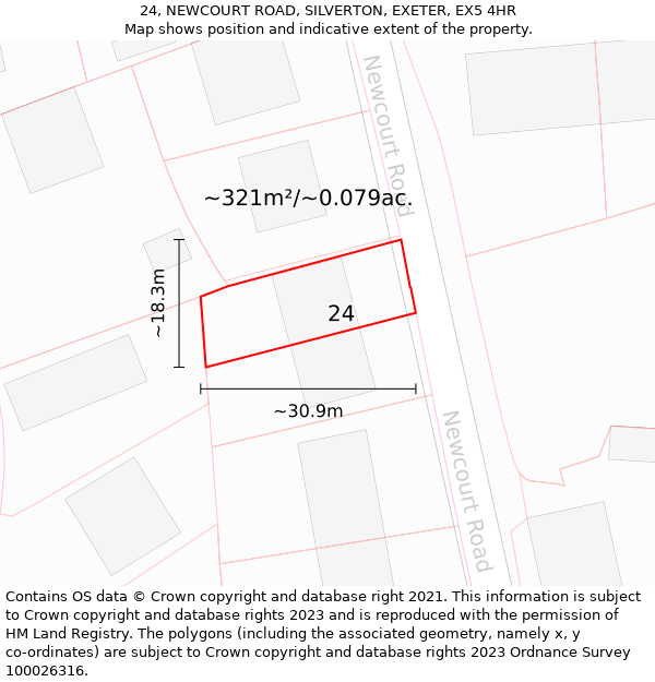 24, NEWCOURT ROAD, SILVERTON, EXETER, EX5 4HR: Plot and title map