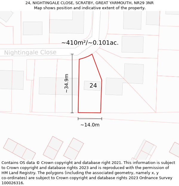24, NIGHTINGALE CLOSE, SCRATBY, GREAT YARMOUTH, NR29 3NR: Plot and title map