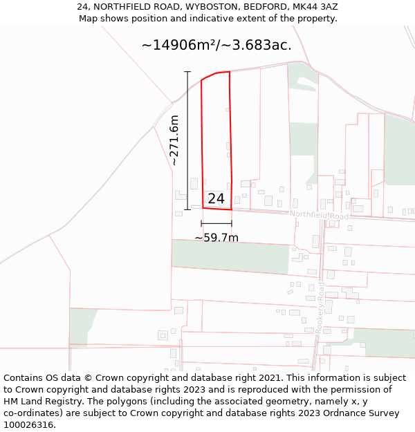 24, NORTHFIELD ROAD, WYBOSTON, BEDFORD, MK44 3AZ: Plot and title map