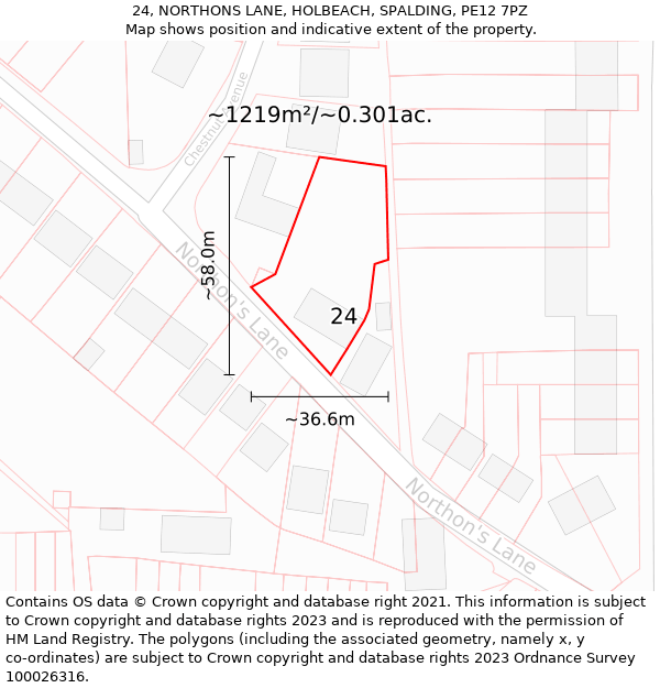 24, NORTHONS LANE, HOLBEACH, SPALDING, PE12 7PZ: Plot and title map