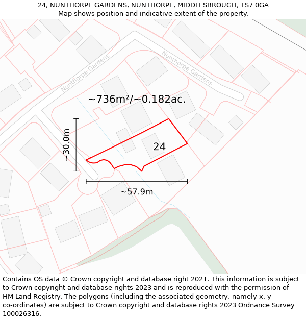 24, NUNTHORPE GARDENS, NUNTHORPE, MIDDLESBROUGH, TS7 0GA: Plot and title map