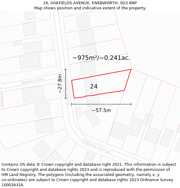 24, OAKFIELDS AVENUE, KNEBWORTH, SG3 6NP: Plot and title map