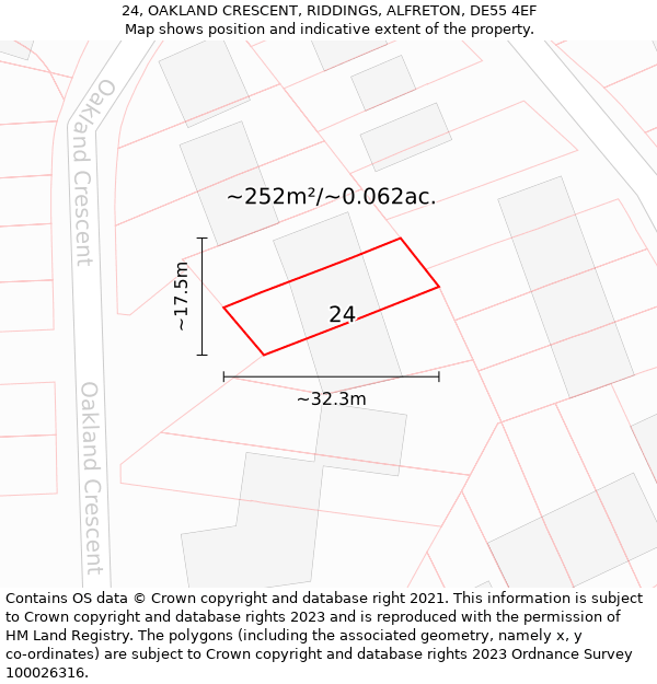 24, OAKLAND CRESCENT, RIDDINGS, ALFRETON, DE55 4EF: Plot and title map