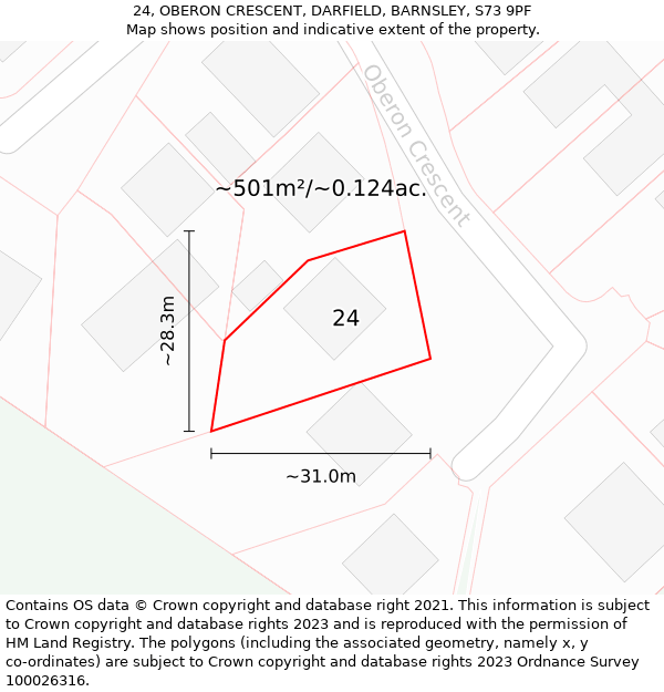 24, OBERON CRESCENT, DARFIELD, BARNSLEY, S73 9PF: Plot and title map