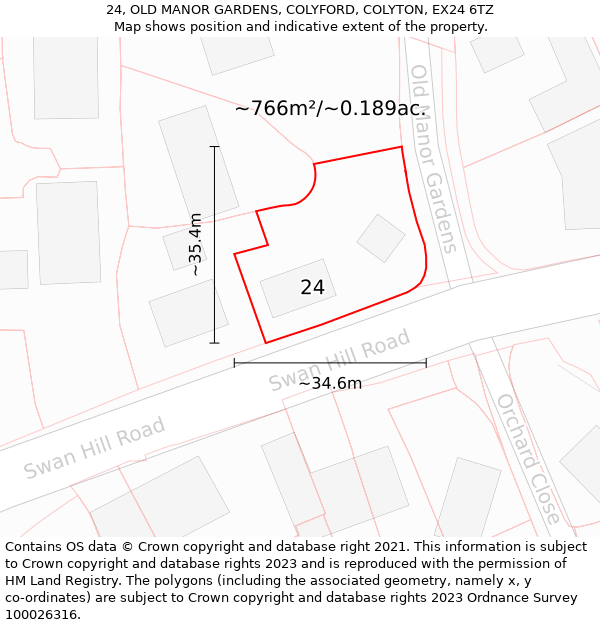 24, OLD MANOR GARDENS, COLYFORD, COLYTON, EX24 6TZ: Plot and title map