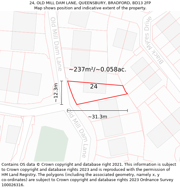 24, OLD MILL DAM LANE, QUEENSBURY, BRADFORD, BD13 2FP: Plot and title map