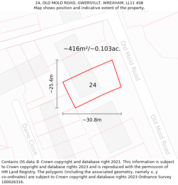 24, OLD MOLD ROAD, GWERSYLLT, WREXHAM, LL11 4SB: Plot and title map