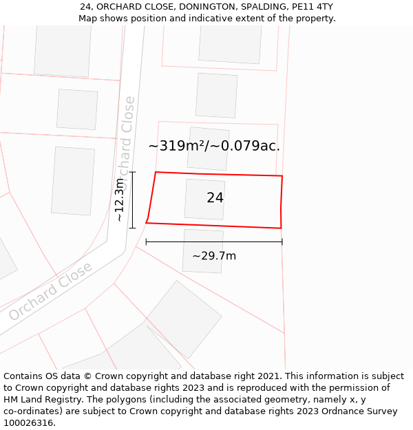 24, ORCHARD CLOSE, DONINGTON, SPALDING, PE11 4TY: Plot and title map