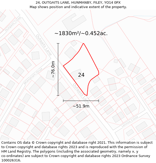 24, OUTGAITS LANE, HUNMANBY, FILEY, YO14 0PX: Plot and title map