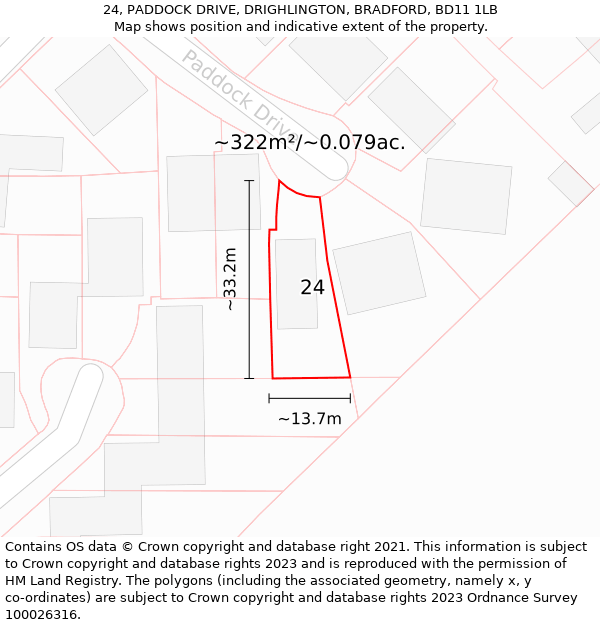 24, PADDOCK DRIVE, DRIGHLINGTON, BRADFORD, BD11 1LB: Plot and title map