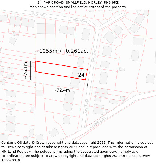 24, PARK ROAD, SMALLFIELD, HORLEY, RH6 9RZ: Plot and title map