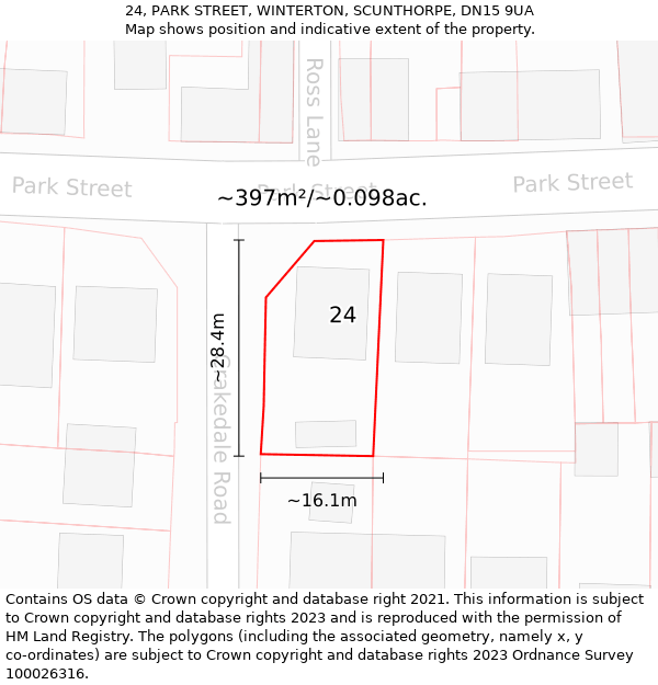 24, PARK STREET, WINTERTON, SCUNTHORPE, DN15 9UA: Plot and title map