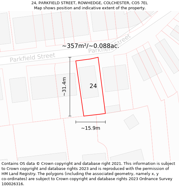 24, PARKFIELD STREET, ROWHEDGE, COLCHESTER, CO5 7EL: Plot and title map