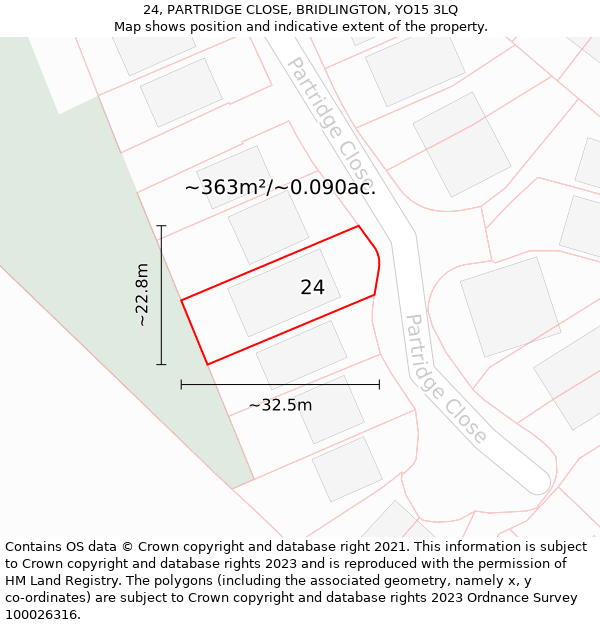 24, PARTRIDGE CLOSE, BRIDLINGTON, YO15 3LQ: Plot and title map