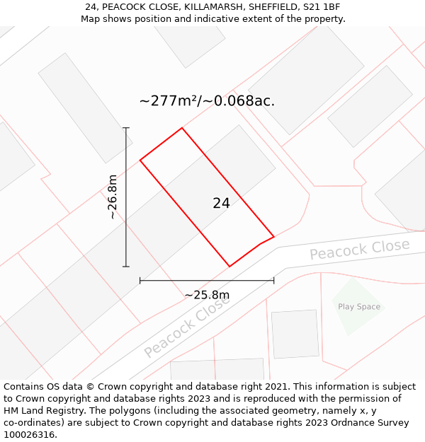 24, PEACOCK CLOSE, KILLAMARSH, SHEFFIELD, S21 1BF: Plot and title map