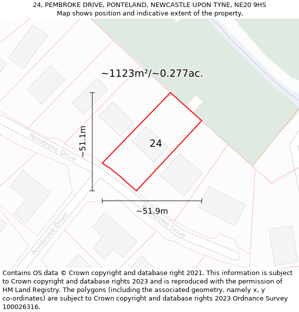 24, PEMBROKE DRIVE, PONTELAND, NEWCASTLE UPON TYNE, NE20 9HS: Plot and title map