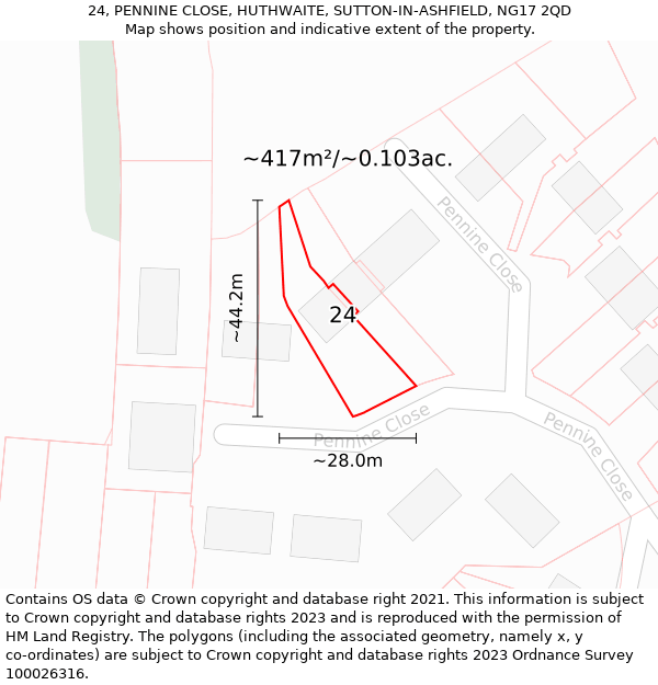 24, PENNINE CLOSE, HUTHWAITE, SUTTON-IN-ASHFIELD, NG17 2QD: Plot and title map