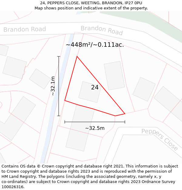 24, PEPPERS CLOSE, WEETING, BRANDON, IP27 0PU: Plot and title map