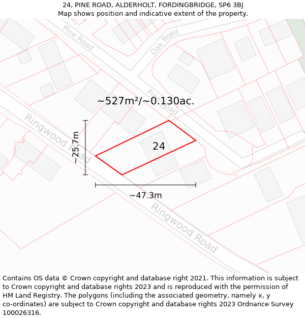 24, PINE ROAD, ALDERHOLT, FORDINGBRIDGE, SP6 3BJ: Plot and title map