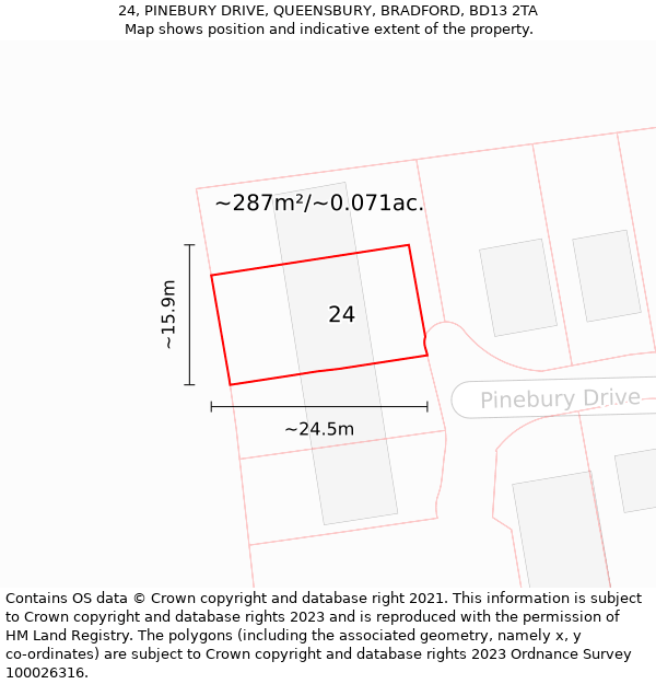 24, PINEBURY DRIVE, QUEENSBURY, BRADFORD, BD13 2TA: Plot and title map