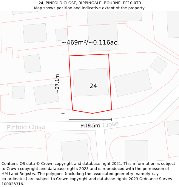 24, PINFOLD CLOSE, RIPPINGALE, BOURNE, PE10 0TB: Plot and title map