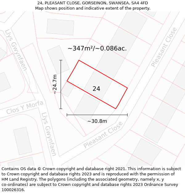 24, PLEASANT CLOSE, GORSEINON, SWANSEA, SA4 4FD: Plot and title map