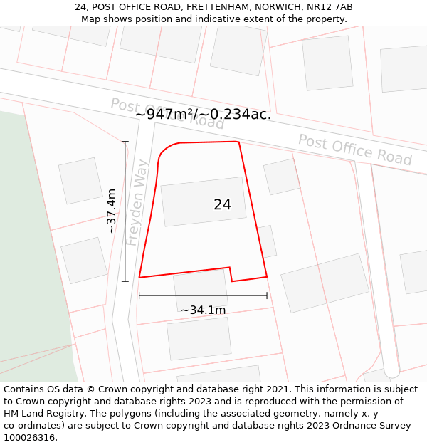 24, POST OFFICE ROAD, FRETTENHAM, NORWICH, NR12 7AB: Plot and title map