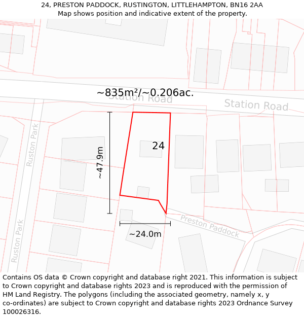 24, PRESTON PADDOCK, RUSTINGTON, LITTLEHAMPTON, BN16 2AA: Plot and title map