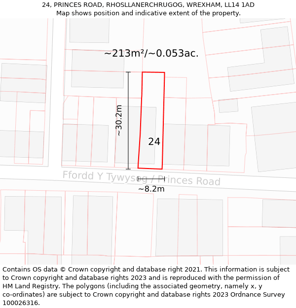24, PRINCES ROAD, RHOSLLANERCHRUGOG, WREXHAM, LL14 1AD: Plot and title map