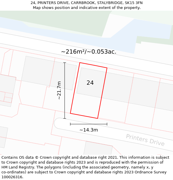 24, PRINTERS DRIVE, CARRBROOK, STALYBRIDGE, SK15 3FN: Plot and title map