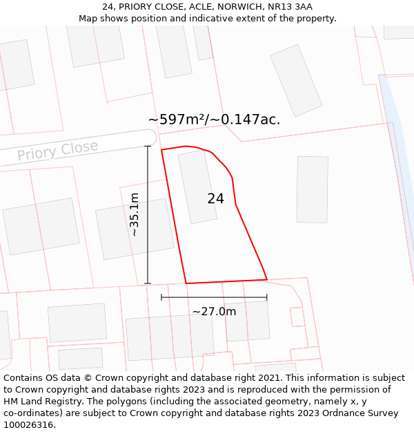 24, PRIORY CLOSE, ACLE, NORWICH, NR13 3AA: Plot and title map