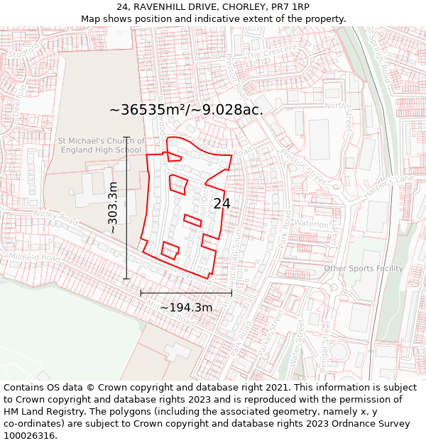 24, RAVENHILL DRIVE, CHORLEY, PR7 1RP: Plot and title map