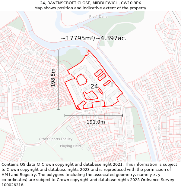 24, RAVENSCROFT CLOSE, MIDDLEWICH, CW10 9PX: Plot and title map