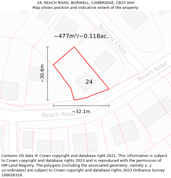 24, REACH ROAD, BURWELL, CAMBRIDGE, CB25 0AH: Plot and title map