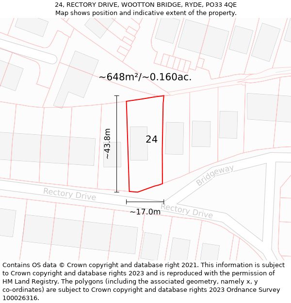 24, RECTORY DRIVE, WOOTTON BRIDGE, RYDE, PO33 4QE: Plot and title map